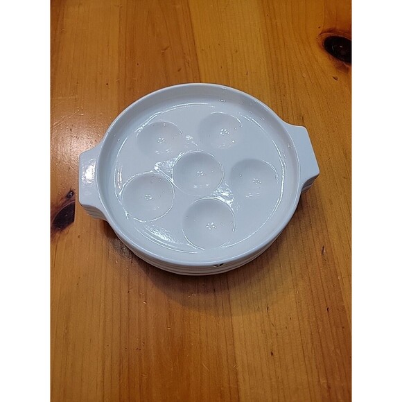 4 Escargot White Enamel Metal Plates Baking Dishes & Server Escargot/Mushroom - Picture 2 of 12